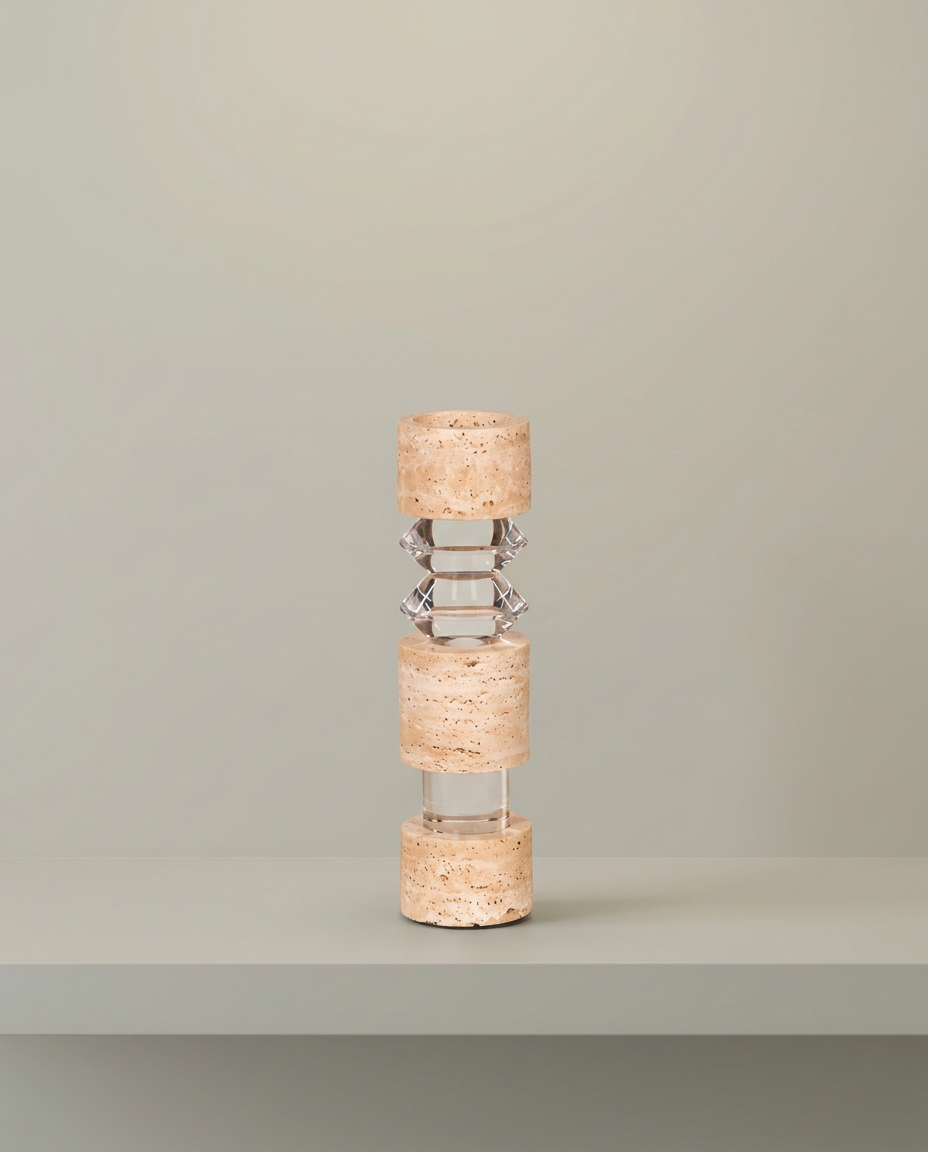 Travertine Crystal Candle Holder, front view on neutral background