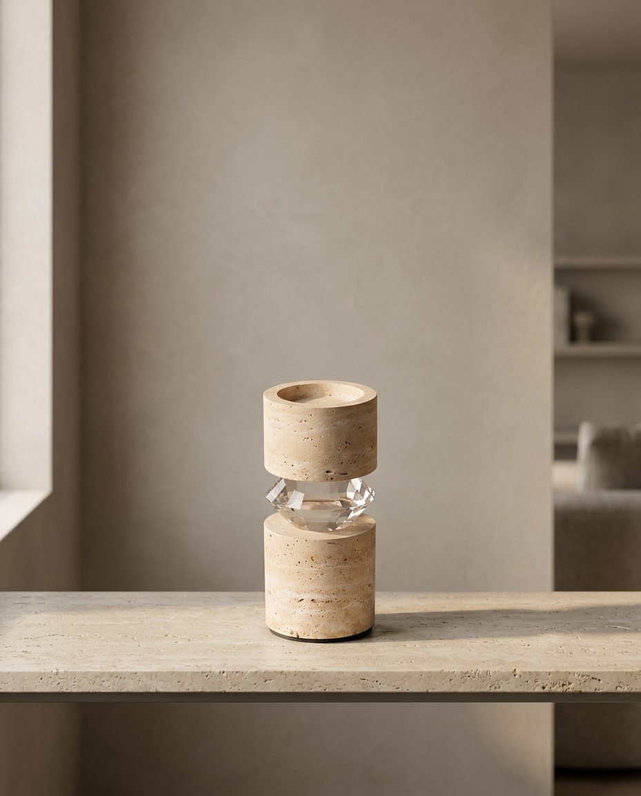 Travertine Crystal Candle Holder, styled in a real interior setting