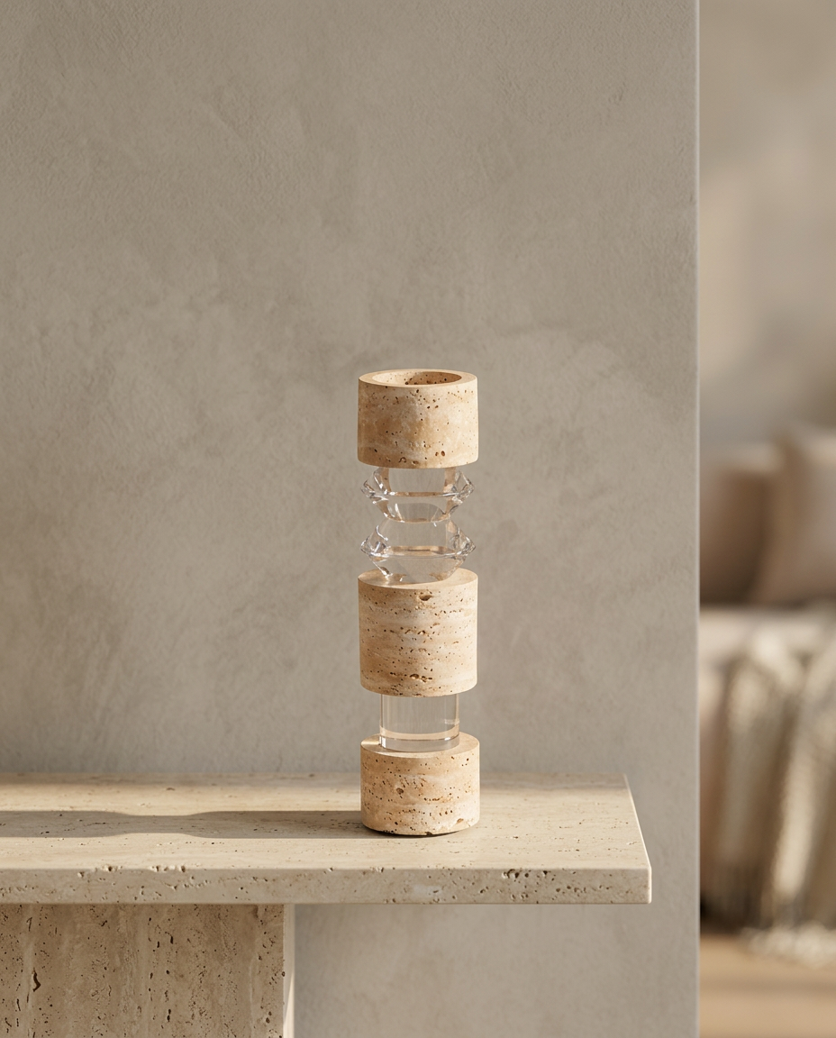 Travertine Crystal Candle Holder, styled in a real interior setting, tall