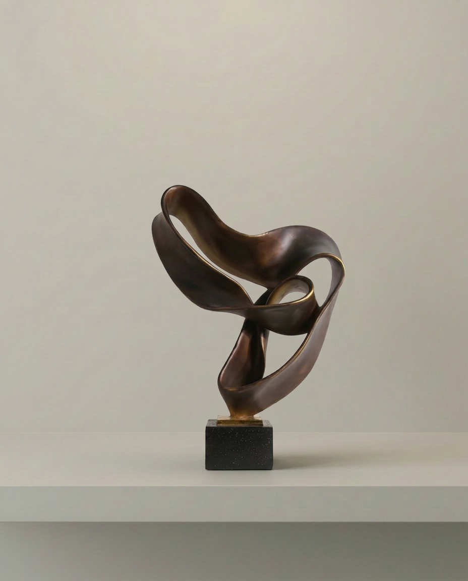 Twisted Bronze Sculpture, front view on neutral background