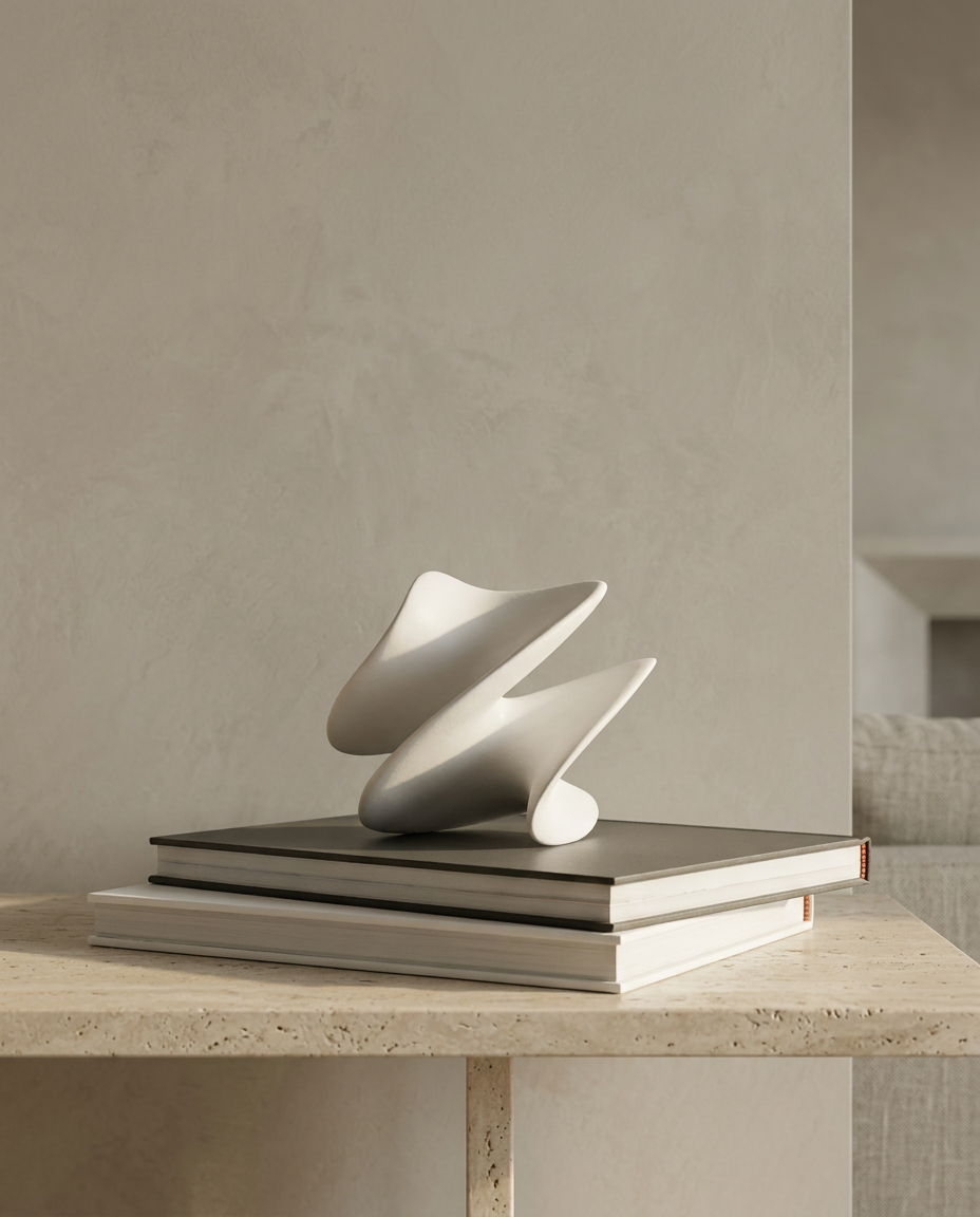 White Resin Geometric Sculpture, styled in a real interior setting