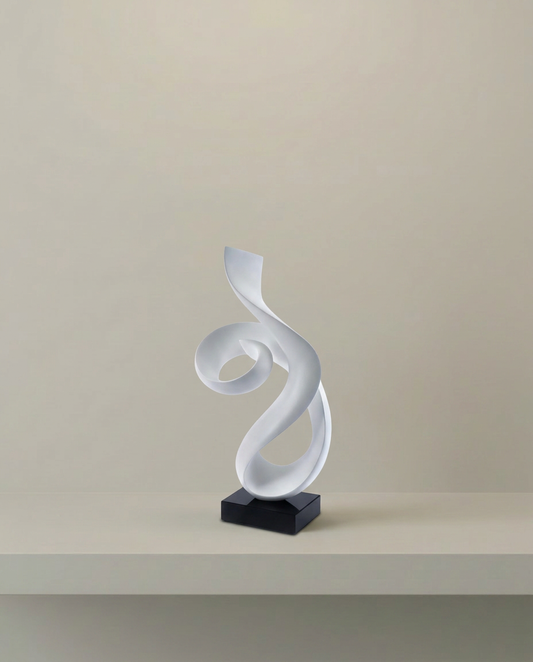 White Ribbon Sculpture, front view on neutral background