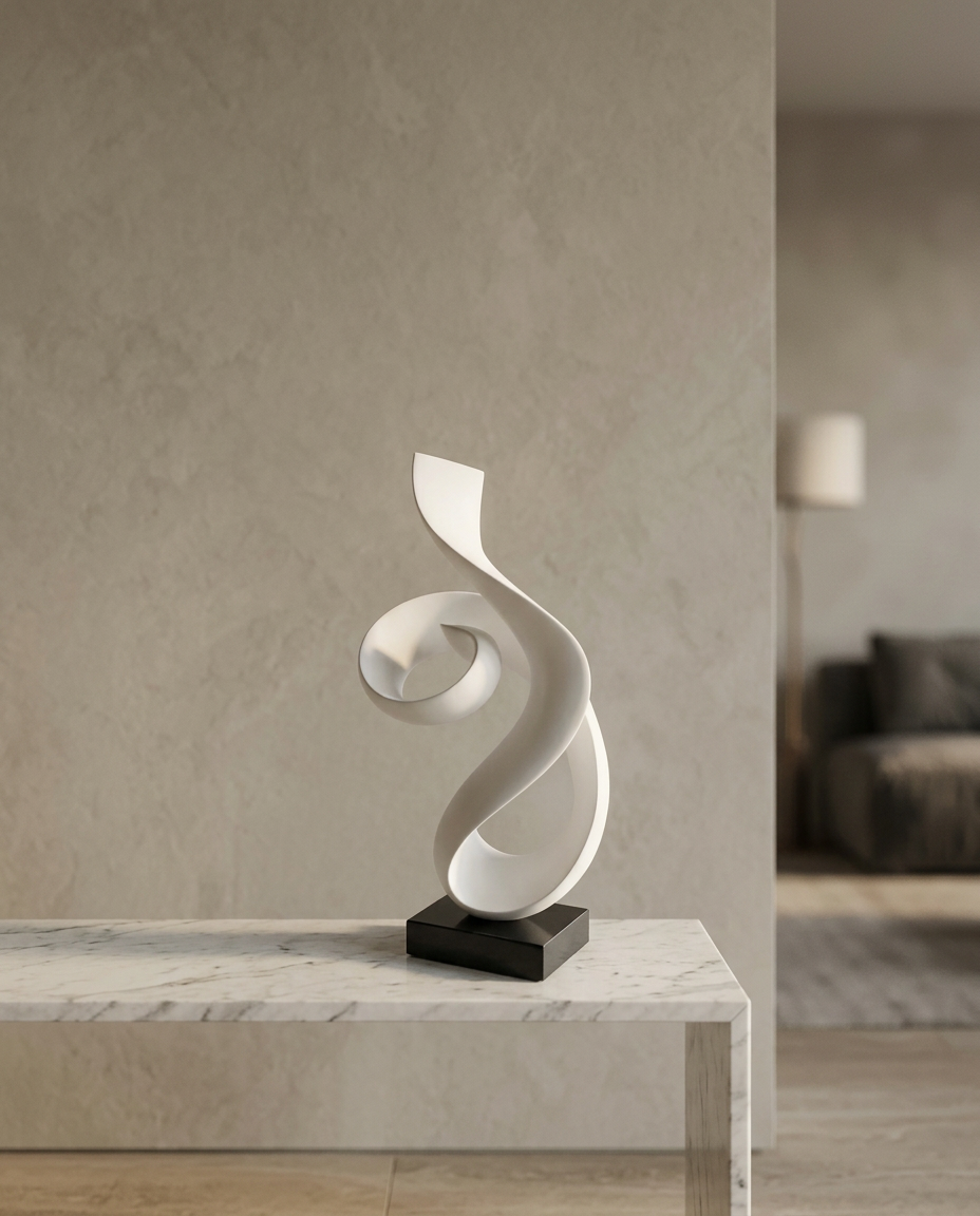 White Ribbon Sculpture, styled in a real interior setting