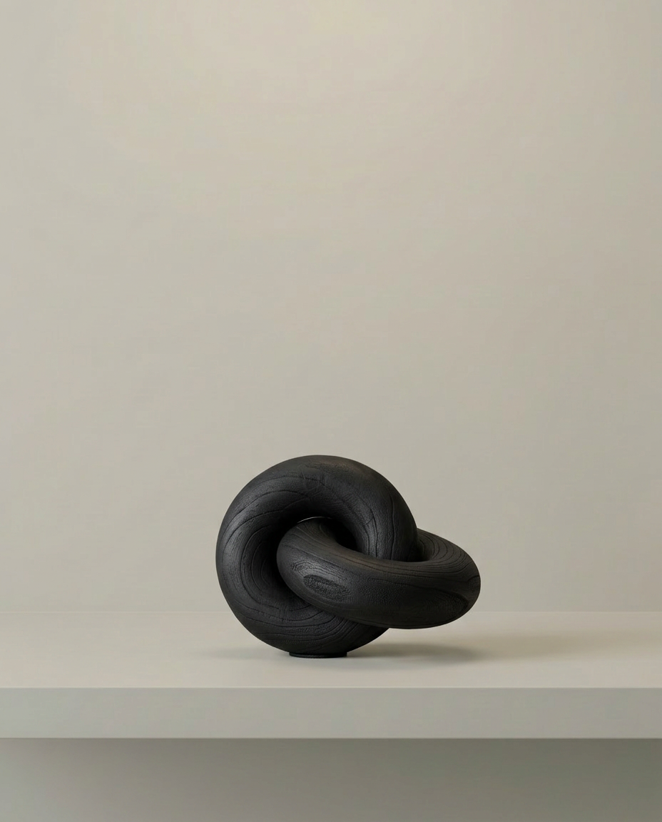 Wood Knot Sculpture, Black, front view on neutral background