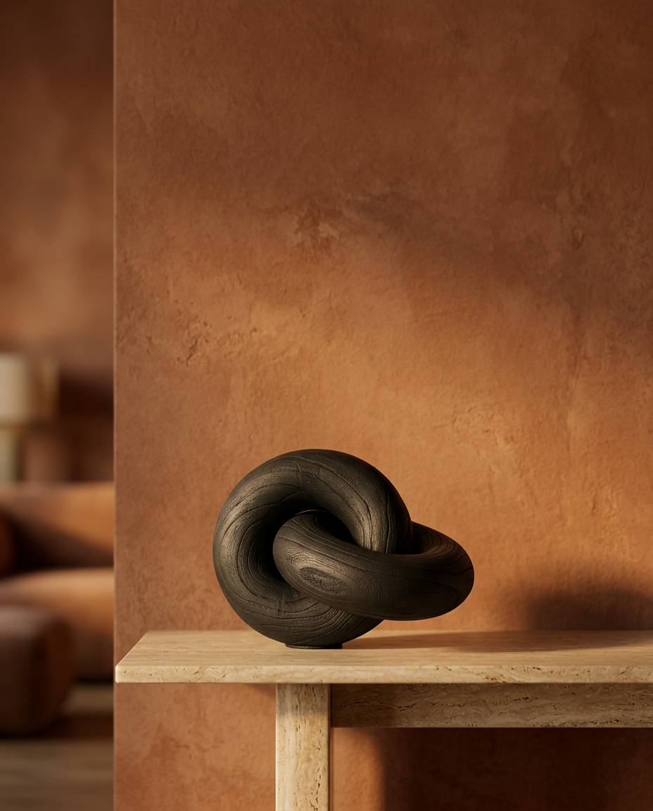 Wood Knot Sculpture, Black, styled in a real interior setting