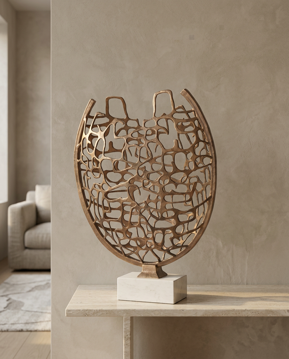 Woven Gold Sculpture on Marble Base, styled in a real interior setting
